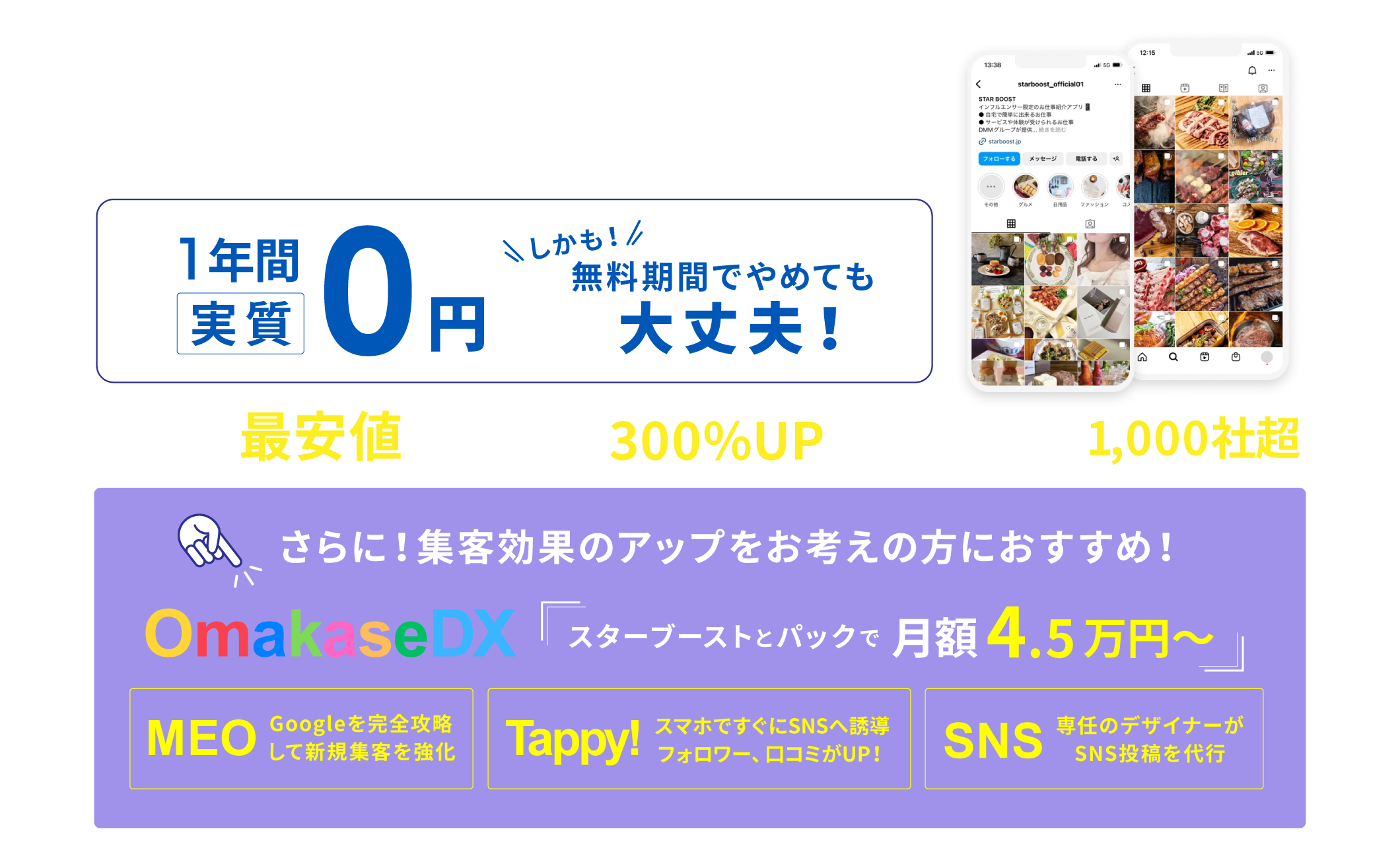 業界最安級！インスタ運性コンサル付きインフルエンサーマーケティング：1年間実質0円　しかも無料期間でやめても大丈夫！業界最安値・売上300%UP・支援者数1,000社超